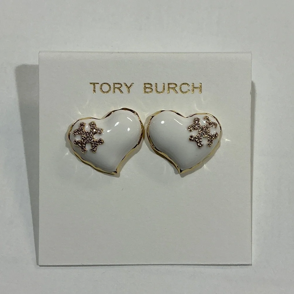 Tory Burch White Enamel Heart Logo Stud Earrings with Gold Trim
